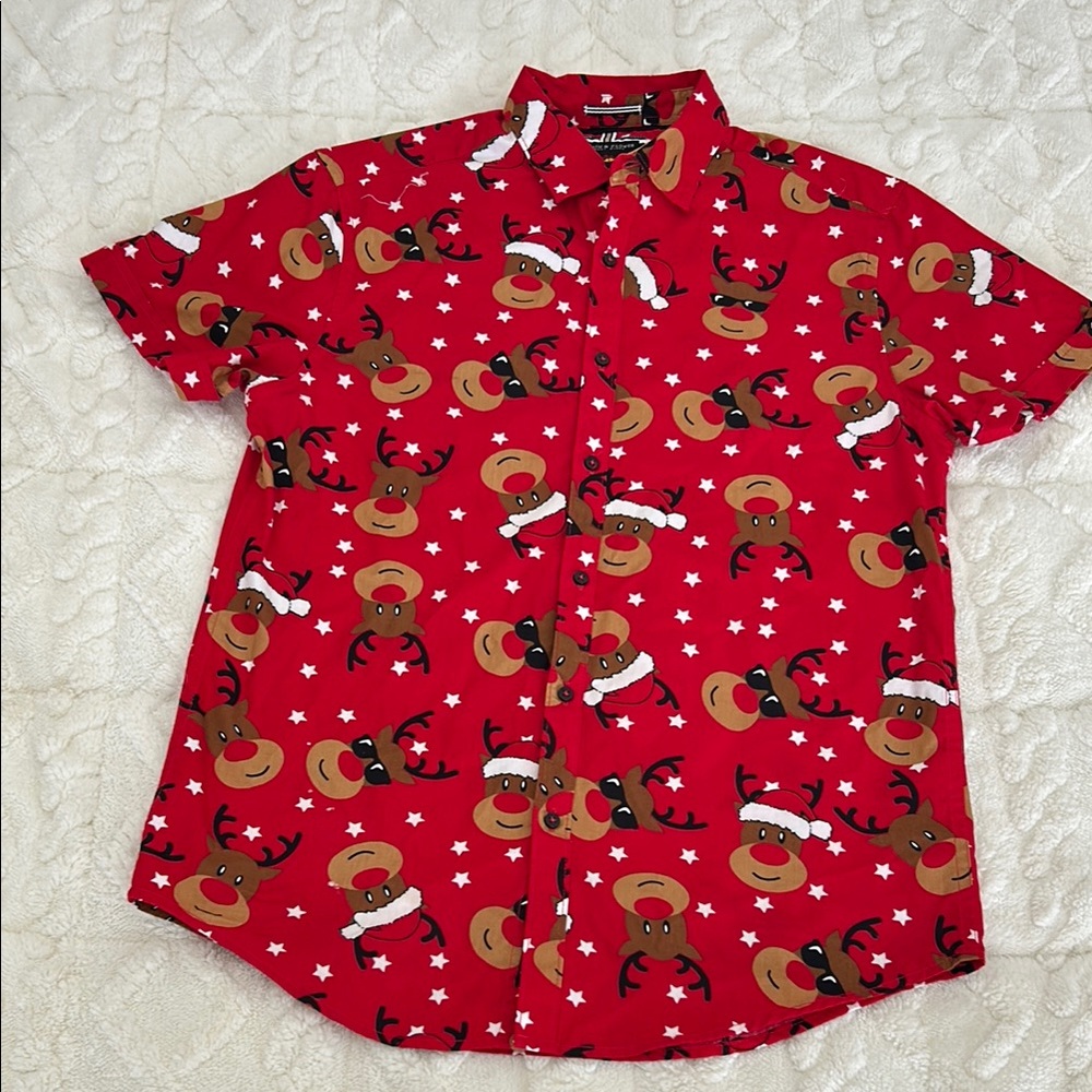 Reindeer Print Red Button-Up Shirt